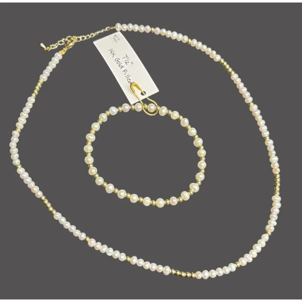 New GENUINE PEARL BRACELET & NECKLACE SET White Beaded 14K GOLD FILLED GF